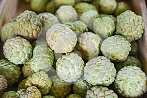 Sugar apple on wooden box in the fruit market Asian - Annona sweetsop or or custard apple