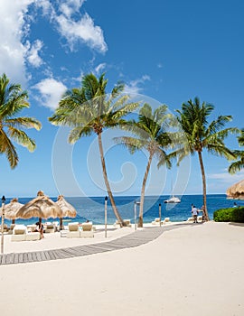 Sugar beach Saint Lucia ,white tropical beach palm trees and luxury beach chairs St Lucia Caribbean