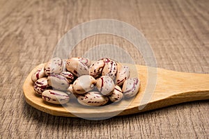 Sugar Bean legume. Grains in wooden spoon. Rustic.