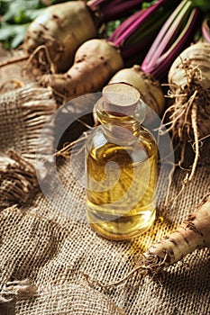 sugar beet essential oil on the background of burlap top view