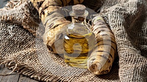 sugar beet essential oil on the background of burlap top view photo