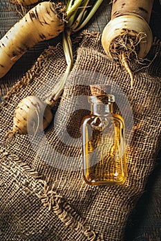 sugar beet essential oil on the background of burlap top view photo