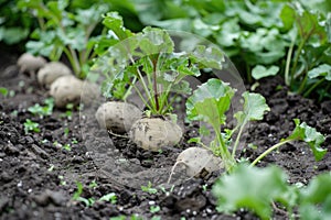 Sugar beet plants with visible roots growing in dark fertile soil in an agricultural field