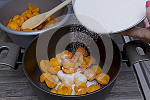 Sugar is being poured over a layer of apricot halves