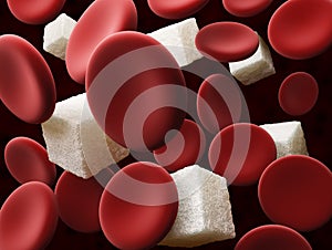 Sugar in the blood. blood cell with cube of sugar, 3d Illustration