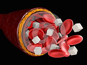 Sugar in the blood. blood cell with cube of sugar, 3d Illustration