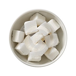 Sugar in bowl. Preparing ingredients for cooking. Isolated on white background. Top view.