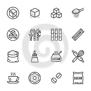 Sugar cane, cube flat line icons set. Sweetener, stevia, bakery products vector illustrations. Outline signs for