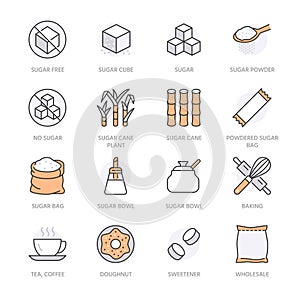 Sugar cane, cube flat line icons set. Sweetener, stevia, spoon, bakery products, rolling pin, whisk vector illustrations