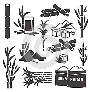 Sugar cane, sugarcane plant harvest vector silhouette icons isolated on white background