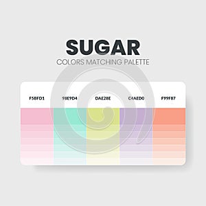 Sugar color scheme. Color Trends combinations and palette guide. Example of table color shades in RGB and HEX. Color swatch for fa