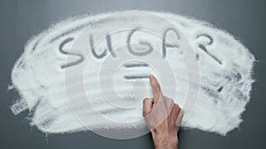 Sugar equals death text written on sugar surface. No sugar. Sugar and sweets kill. Stop diabetes. Prevent diabetes mellitus and ca