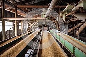 Sugar factory interior with conveyor belts transporting freshly cut sugar cane and machinery processing the raw material into photo