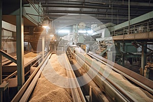 Sugar factory interior with conveyor belts transporting freshly cut sugar cane and machinery processing the raw material into photo