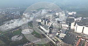 Sugar factory, Sugar Refinery and Industrial facility, Food production industry. Birds eye aerial drone view. Large