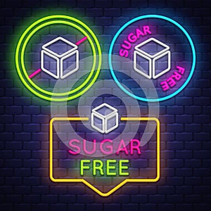 Sugar Free badge collection . Diabet sign. Neon sign
