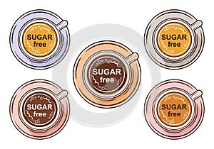 Sugar free diet coffee drink in cup icon set. Sugarless hot cacao, not sweet cappuccino or tea. Low calorie food. Vector