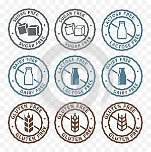 Sugar free, lactose free, gluten free packaging sticker label icons