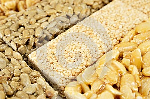 Sugar glazed kozinak, sunflower seeds and peanuts in sugar glaze, Oriental sweets close-up macro