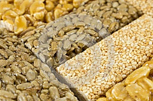 Sugar glazed kozinak, sunflower seeds and peanuts in sugar glaze, Oriental sweets close-up macro