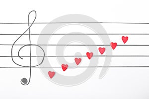 Sugar hearts on the musical staff with treble clef