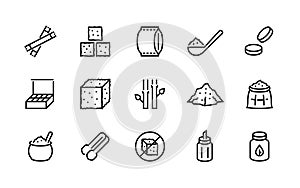 Sugar line icon. Sweeteners products, sugar cane cube bag and packages, stevia and cane organic sugar pictograms. Vector