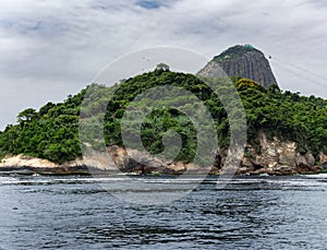 Sugar Loaf Mountain with cable car and the bay at Atlantic Ocean