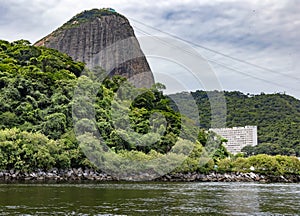 Sugar Loaf Mountain - Pao de Acucar with cable car and the bay at Atlantic Ocean In Rio de Janeiro.