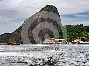 Sugar Loaf Mountain - Pao de Acucar with cable car and the bay at Atlantic Ocean in Rio de Janeiro