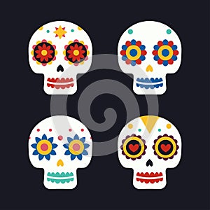 Sugar mexican skulls for Dia De Los Muertos holiday party. Traditional mexican Halloween design for Day of the dead