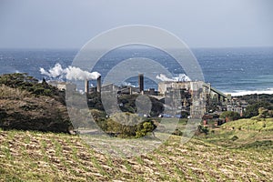 Sugar Mill on Coast Releasing Steam from its Chimneys