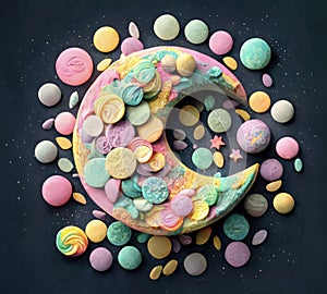 Sugar moon cake, candies and confetti in pastel colors