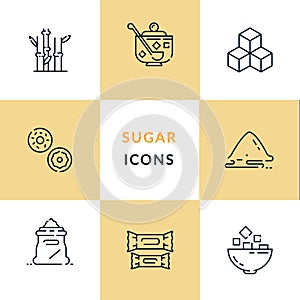 Sugar production, growing and processing. Linear icons