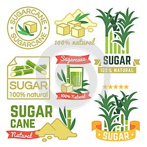 Sugar production labels, sugarcane farm badges and emblems vector set