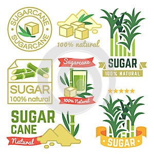 Sugar production labels, sugarcane farm badges and emblems vector set photo