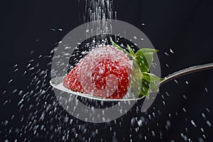 Sugar rain sprinkle over delicious strawberry on spoon spilling out everywhere photo