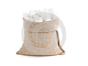 Sugar in a sack isolated on a white background. White Sugar in burlap sack. Cube Sugar in jute bag