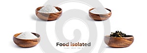 Sugar, salt, flour, tea in wooden bowl isolated on a white background.