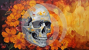 Sugar scull and marigold flowers illustration acryllic pouring swipe