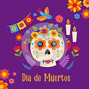 Sugar skull decorated with flowers , Day of the dead