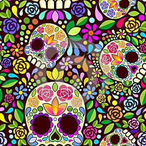 Sugar Skull Floral Naif Art Mexican Calaveras Vector Seamless Pattern Design