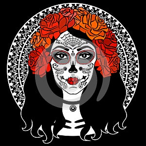 Sugar Skull Girl. Day Of Dead, Traditional Mexican Halloween, Dia De Los Muertos. Woman with makeup sugar skull with roses flowers