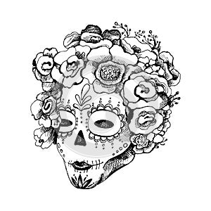 Sugar skull girl. Woman with makeup roses flowers wreath. Vector vintage hatching