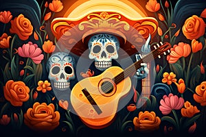 Sugar skull in sombrero with guitar and flowers, Day of the Dead 2