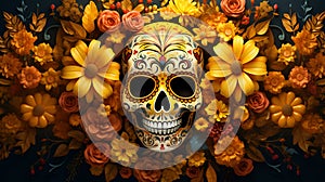 Sugar skull with yellow flowers, Day of the Dead 3