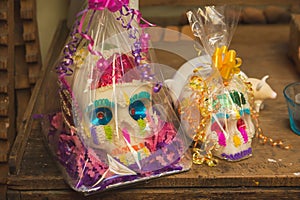 Sugar skulls decorated with bright colors, typical Mexican sweets used during the Day of the Dead season