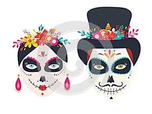 Sugar skulls of woman and man Dia de los muertos, Day of the dead