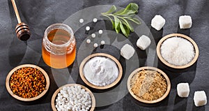 Sugar, stevia leaves, pollen and honey - Variety of natural sweeteners
