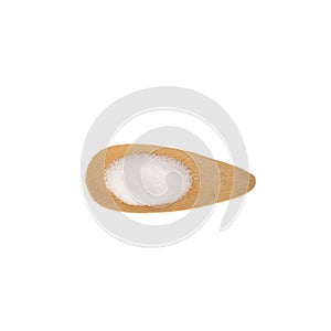 Sugar substitute on wooden measuring scoop. Stevioside powder, glycoside derived from the stevia plant, natural sweetener. Food