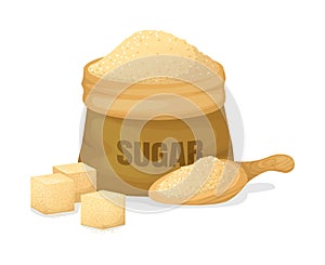 Sugar of Sugarcane with a scoop, burlap sack, crystal sugar